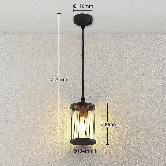 Lindby Außenwand- & Deckenleuchte Yonan - schwarz, schwarz, IP44 - Schwarze Pendelleuchte im Industriestil mit Metallkäfig und Glasschirm, hängt von einer Deckenrose. Gesamtlänge 755mm.