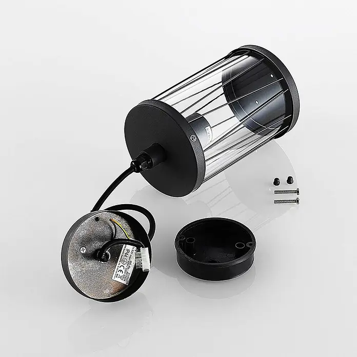 Lindby Außenwand- & Deckenleuchte Yonan - schwarz, schwarz, IP44 - Schwarze Außenwandleuchte mit Klarglasschirm, zerlegt mit Montagekomponenten und Verkabelung gezeigt.