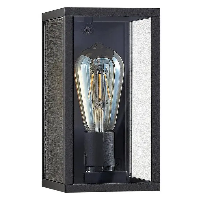 Lindby Außenwandleuchte Filimon - 12 x 12 x 22 cm, schwarz, schwarz, IP44 - Schwarze Außenwandleuchte mit strukturierten Glasscheiben und sichtbarer Vintage-LED-Glühbirne.