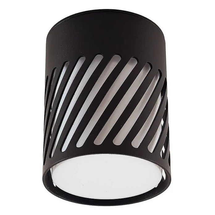 Lindby Außenwand- & Deckenleuchte Lurinda - schwarz, IP44 - Schwarze zylindrische Deckenleuchte mit diagonalen Schlitzen und weißem Diffusor.