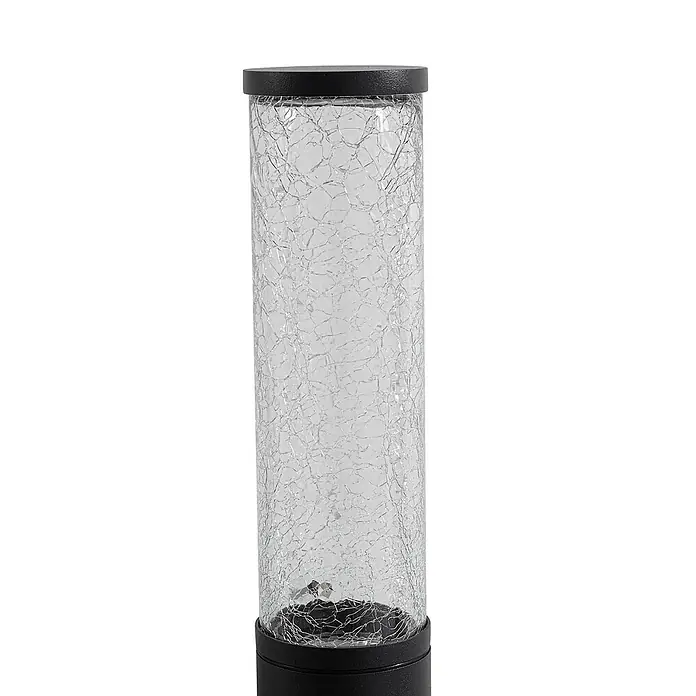 Lindby Außenwandleuchte Gavros - 7 x 7 x 45 cm, schwarz, klar / transparent, IP44 - Zylindrische Solar-Gartenleuchte mit schwarzem Fuß und Deckel, sowie einem klaren, rissigen Glaskörper.