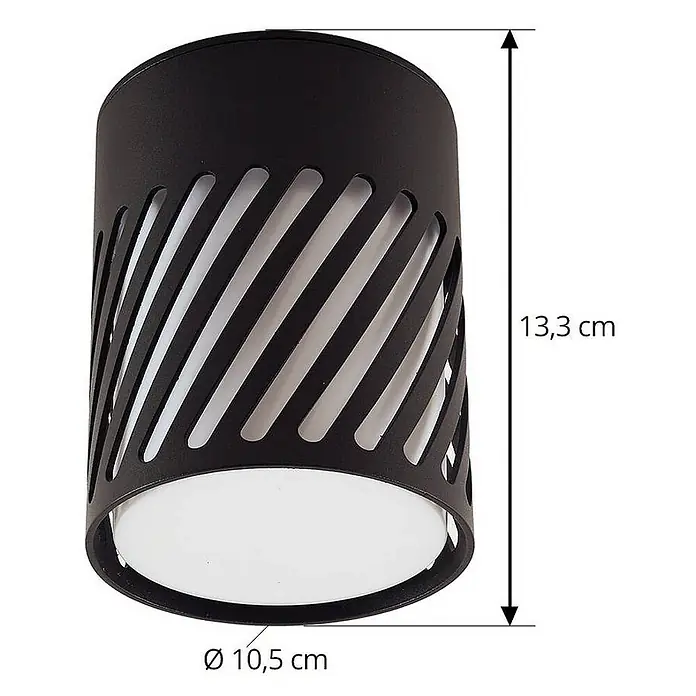 Lindby Außenwand- & Deckenleuchte Lurinda - schwarz, IP44 - Schwarze zylindrische Deckenleuchte mit diagonalen Aussparungen und weißem Diffusor. H 13,3 cm, Ø 10,5 cm.