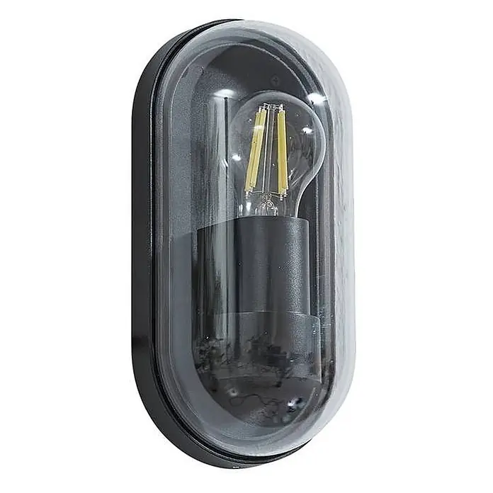 Lucande Außenwandleuchte Serine - schwarz, klar / transparent, IP65 - Schwarze ovale Außenwandleuchte mit klarer Kuppelabdeckung, zeigt eine interne LED-Glühlampe.