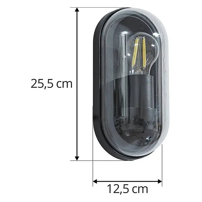 Lucande Außenwandleuchte Serine - schwarz, klar / transparent, IP65 - Schwarze ovale Außenwandleuchte mit klarer Kuppel und LED-Glühlampe. Maße: 25,5 cm hoch, 12,5 cm breit.