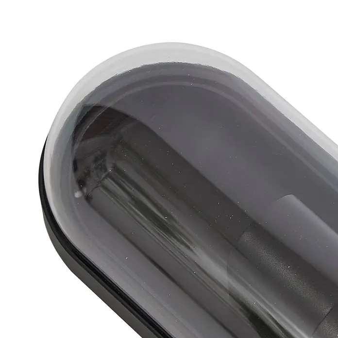 Lucande Außenwandleuchte Serine - schwarz, klar / transparent, IP65 - Längliches, dunkelgraues Gehäuse mit einer klaren, gewölbten Abdeckung.