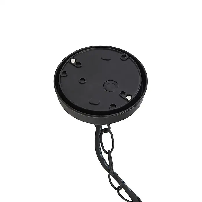 Lindby Außenwand- & Deckenleuchte Luciane - schwarz, IP44 - Schwarze Deckenrosette mit sichtbaren Befestigungspunkten, verbunden mit Kette und Elektrokabel.