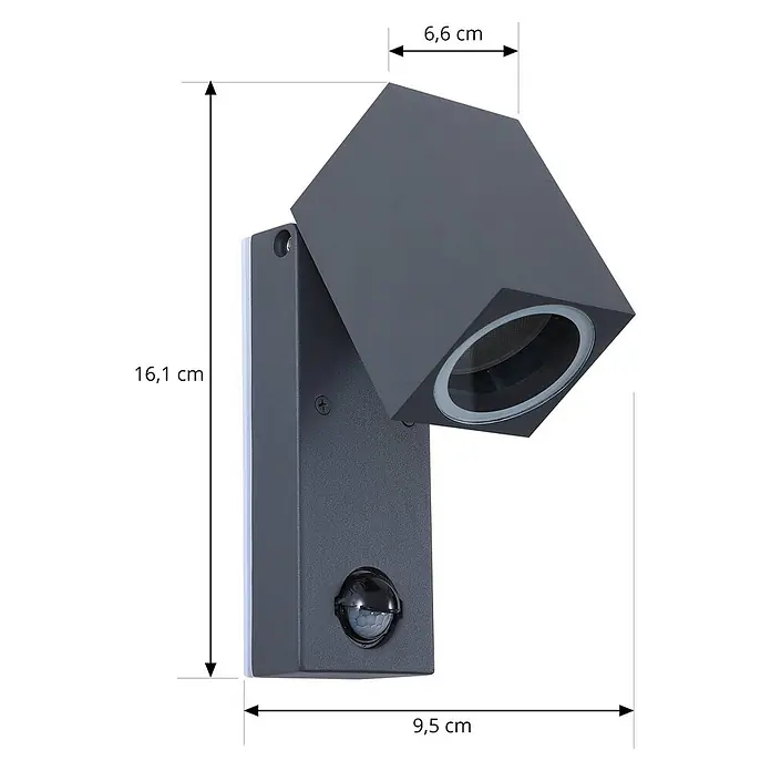 Lindby Außenwandleuchte Othil - alu / grau / zink, alu / grau / zink, IP44 - Dunkelgraue Wandleuchte mit würfelförmigem Kopf und rechteckiger Basis, mit integriertem Bewegungssensor für den Außenbereich.