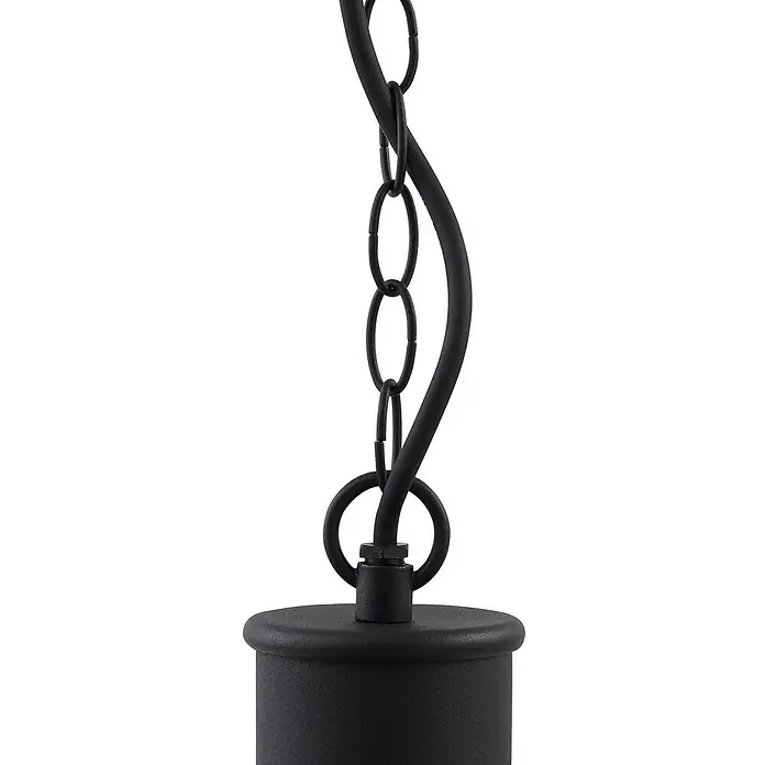 Lindby Außenwand- & Deckenleuchte Luciane - schwarz, IP44 - Schwarze Metallkette und gebogener Stab, verbunden mit einer zylindrischen Halterung.