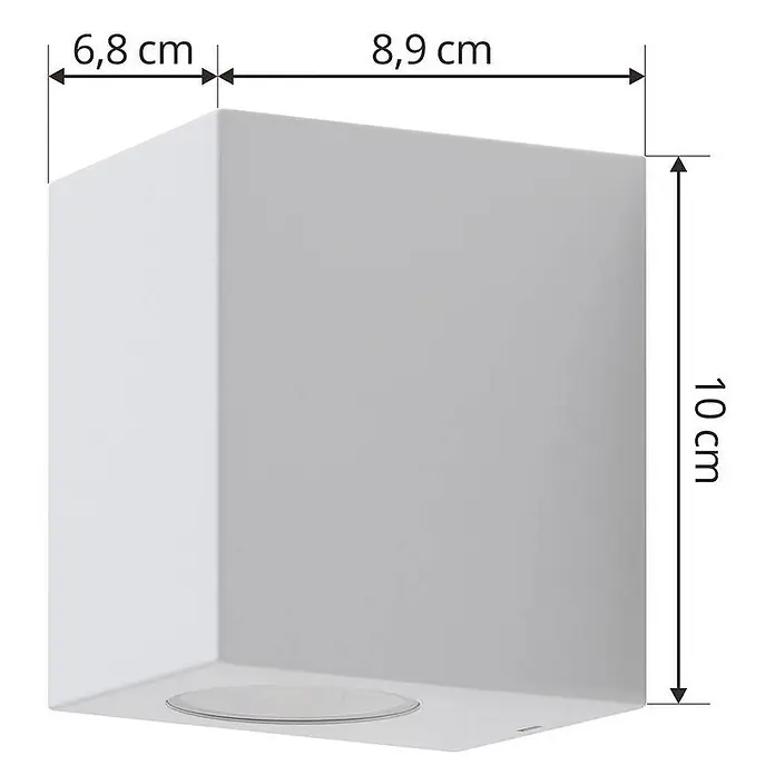 Prios Außenwandleuchte Irfan - weiß / opal, IP44 - Weißer quaderförmiger Lichtkörper mit Maßen 6,8 cm, 8,9 cm und 10 cm.