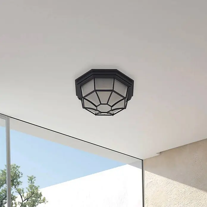 Lindby Außenwand- & Deckenleuchte Idril - schwarz, IP44 - Schwarze, geometrische Deckenleuchte mit Käfigdesign.