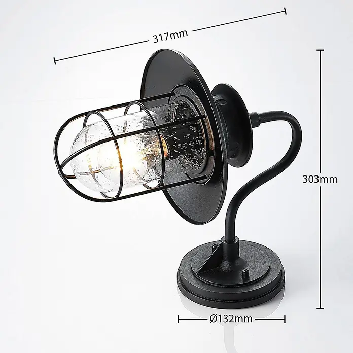 Lindby Außenwandleuchte Kyan - schwarz, IP44 - Schwarze Wandleuchte im Industriestil aus Metall mit klarem Blasenglas und Schutzgitter. Maße 317x303mm, Basis Ø132mm.