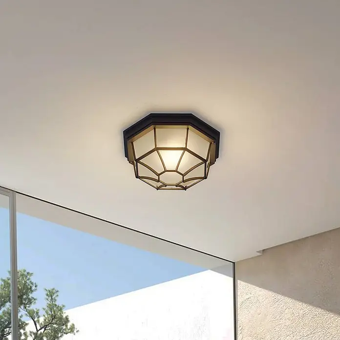 Lindby Außenwand- & Deckenleuchte Idril - schwarz, IP44 - Achteckige Deckenleuchte mit dunklem Geometriegestell und Milchglas, spendet Umgebungslicht.