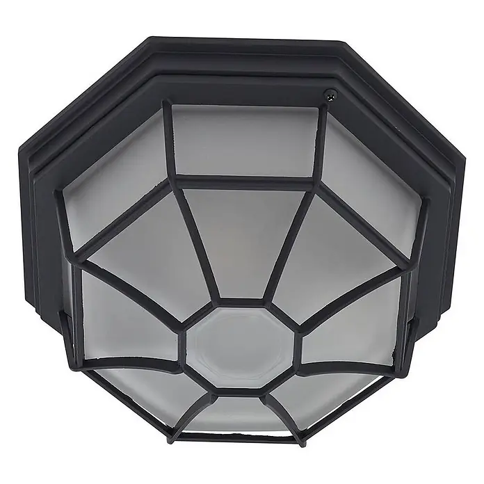 Lindby Außenwand- & Deckenleuchte Idril - schwarz, IP44 - Dunkle achteckige Außen-Deckenleuchte mit mattiertem Glas und dekorativem Gitter.