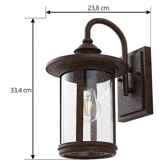 Lindby Außenwandleuchte Zayn - braun / rost, braun / rost, IP23 - Wandlaterne aus Antikbronze mit Samenglas und LED-Birne, 33,4 cm hoch, 23,8 cm tief.