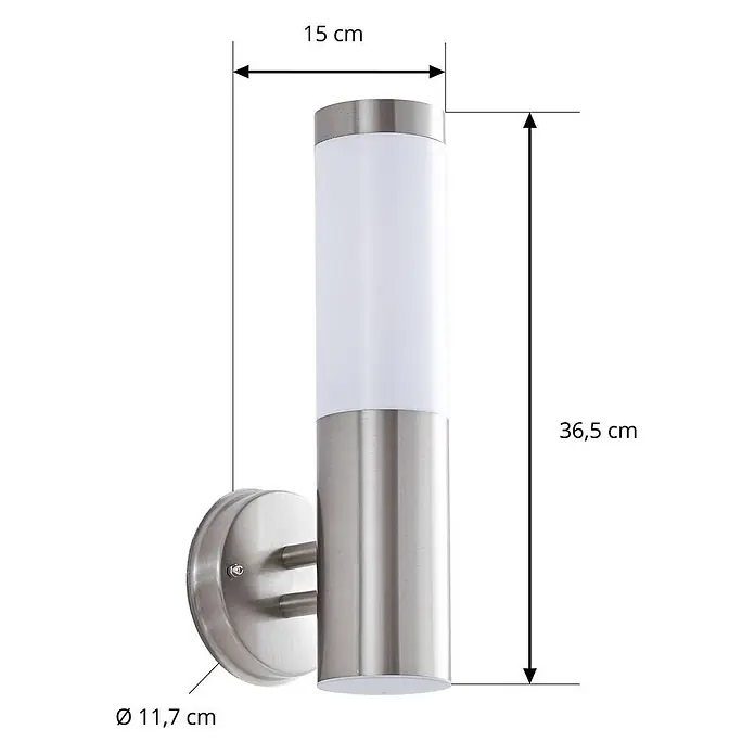 Lindby Außenwandleuchte Kristof - alu / grau / zink, alu / grau / zink, IP44 - Zylindrische Wandleuchte aus gebürstetem Edelstahl mit weißem Diffusor.