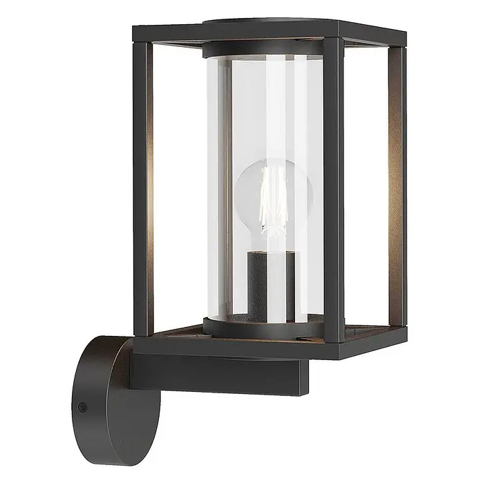 Lucande Außenwandleuchte Ferda - schwarz, schwarz, IP44 - Schwarze Metall-Außenwandleuchte mit rechteckigem Rahmen, klarem Glaszylinder und sichtbarer Filamentlampe auf rundem Sockel.
