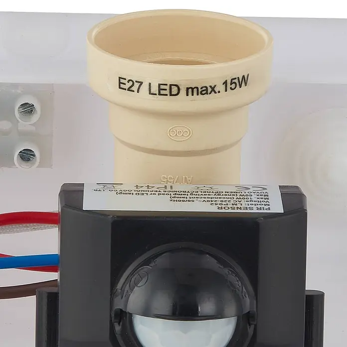 Lindby Außenwandleuchte Vimal - schwarz, schwarz, IP44 - Beige E27 LED-Lampenfassung mit integriertem schwarzem PIR-Bewegungssensor.