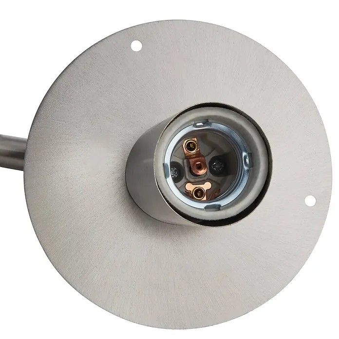 Lindby Außenwandleuchte Noemi - alu / grau / zink, alu / grau / zink, IP44 - Basis einer Leuchte aus gebürstetem Metall mit freiliegender E27-Fassung und internen Verdrahtungsanschlüssen.