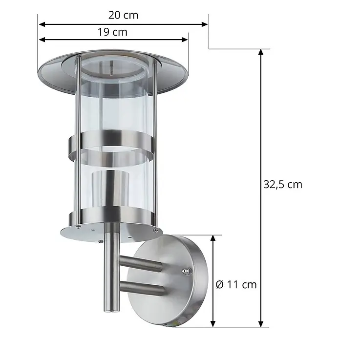 Lindby Außenwandleuchte Noemi - alu / grau / zink, alu / grau / zink, IP44 - Gebürstete silberne Außenwandleuchte mit klarem Glaszylinder. Maße: 32,5 cm hoch, 20 cm breit, 11 cm Wandhalterung Ø.
