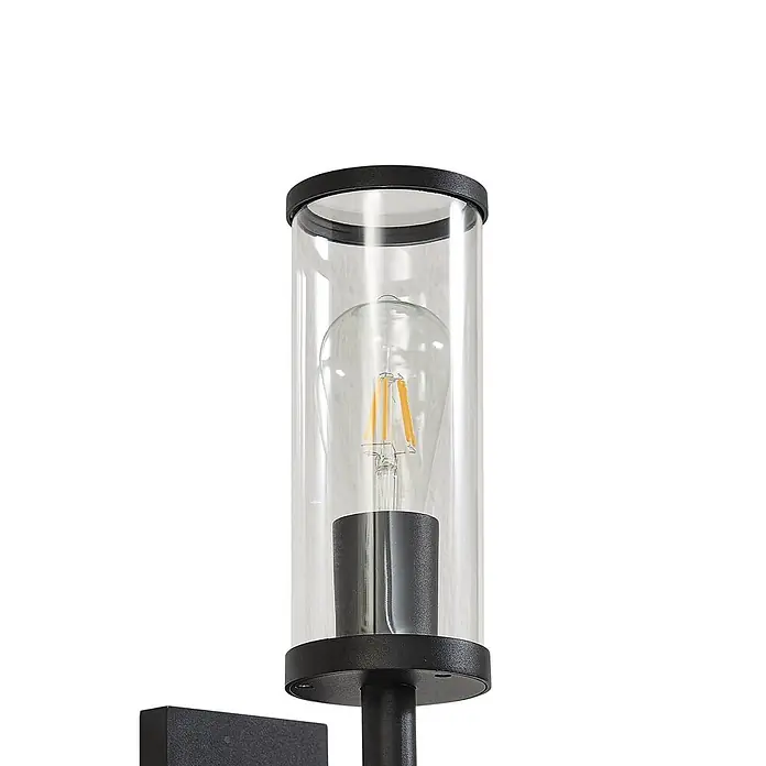 Lucande Außenwandleuchte Zanta - schwarz, klar / transparent, IP54 - Schwarze Wandleuchte mit klarem zylindrischem Glasschirm und sichtbarer LED-Glühbirne.