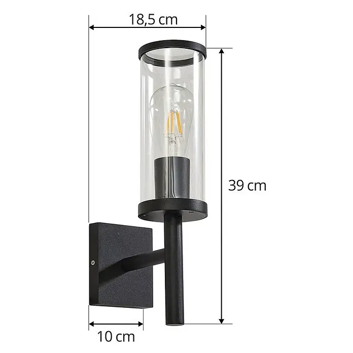 Lucande Außenwandleuchte Zanta - schwarz, klar / transparent, IP54 - Schwarze Wandleuchte mit klarem Glaszylinder und sichtbarer LED-Glühbirne.