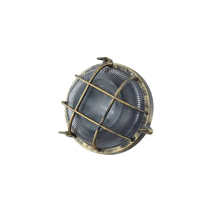 Lindby Außenwandleuchte Daaje - 11 x 26 x 25 cm, bronze / altmessing, IP44 - Runde Wandleuchte aus gealtertem Messing mit geripptem Glasdiffusor und Schutzgitter.