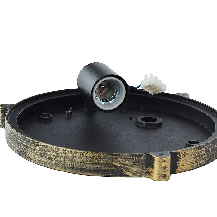 Lindby Außenwandleuchte Daaje - 11 x 26 x 25 cm, bronze / altmessing, IP44 - Antikgoldene und schwarze Deckenrosette mit schwarzer E27 Lampenfassung und Stecker für Leuchte.