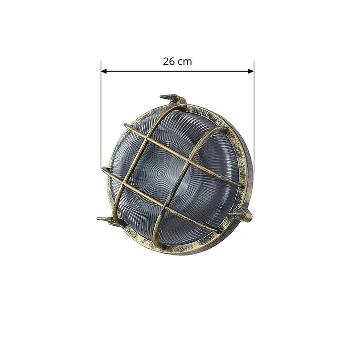 Lindby Außenwandleuchte Daaje - 11 x 26 x 25 cm, bronze / altmessing, IP44 - Runde, gealterte Messing-Nautik-Wandleuchte mit geripptem Glas und Schutzgitter, 26 cm Durchmesser.