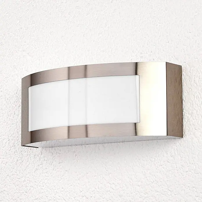 Lindby Außenwandleuchte Raja - alu / grau / zink, IP44 - Gekrümmte Wandleuchte aus gebürstetem Metall mit rechteckigem weißem Diffusor.