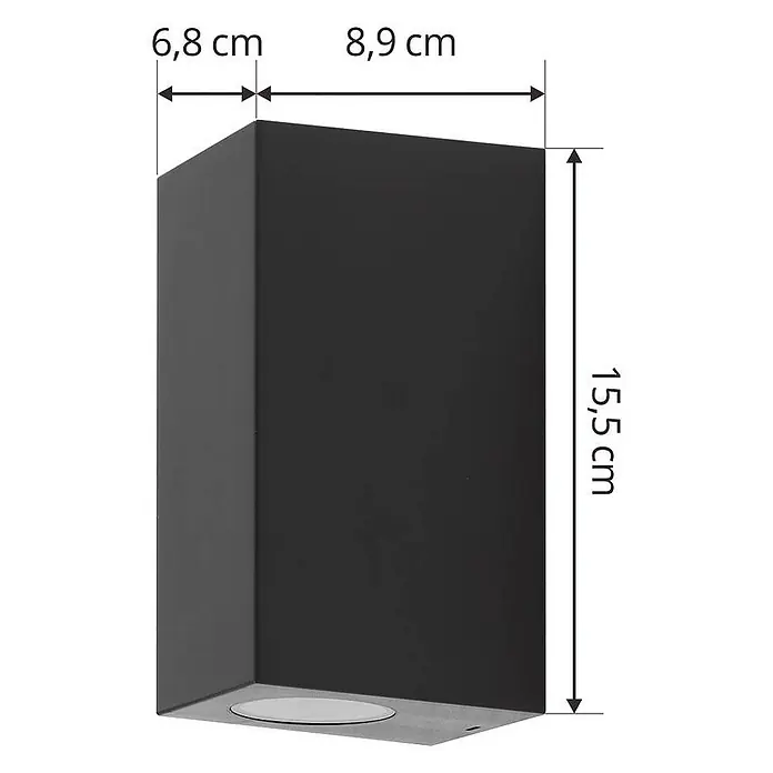 Prios Außenwandleuchte Irfan - schwarz, IP44 - Schwarze rechteckige Wandleuchte mit eingelassener Lichtquelle unten. Maße: 6,8 x 8,9 x 15,5 cm.