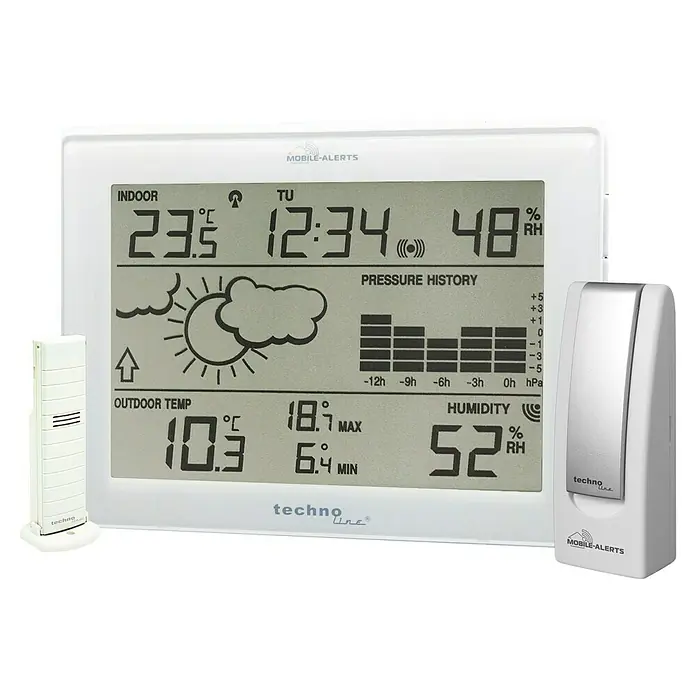 Mobile-Alerts Starter-Set MA10006 - Digitale Messanzeige, Netzbetrieben, Weiß - Das Techno Line Wetterstation-Set mit Innen- und Außensensoren für präzise Temperatur- und Feuchtigkeitsmessungen, ideal für Zuhause.