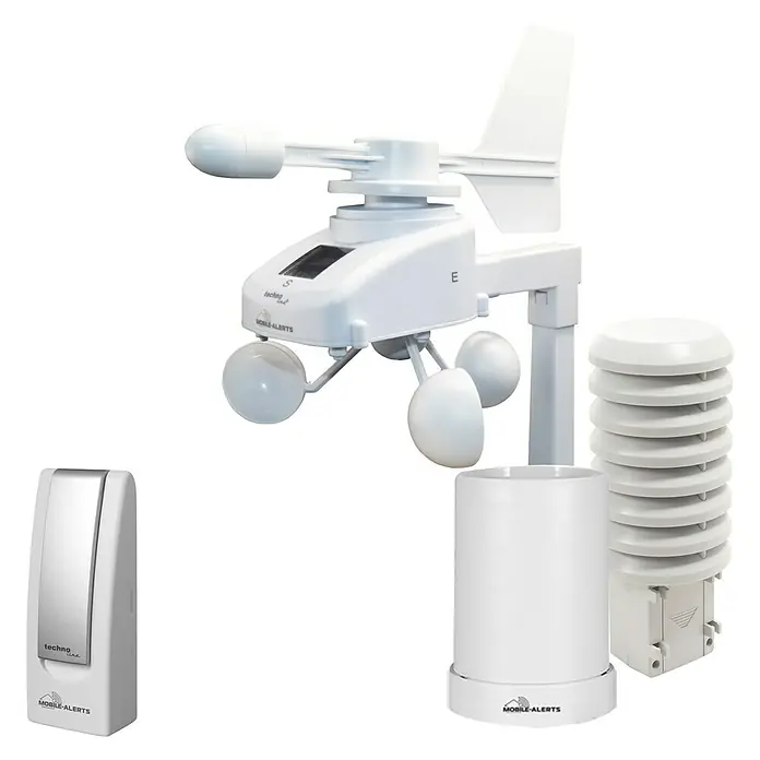 Mobile-Alerts Starter-Set MA10061 SET - Windsensor, Regensensor, Thermo-/Hygrosensor, Gateway - Detaillierte Aufnahme einer weißen Techno Line Wetterstation mit verschiedenen Sensoren für präzise Wetterdaten.