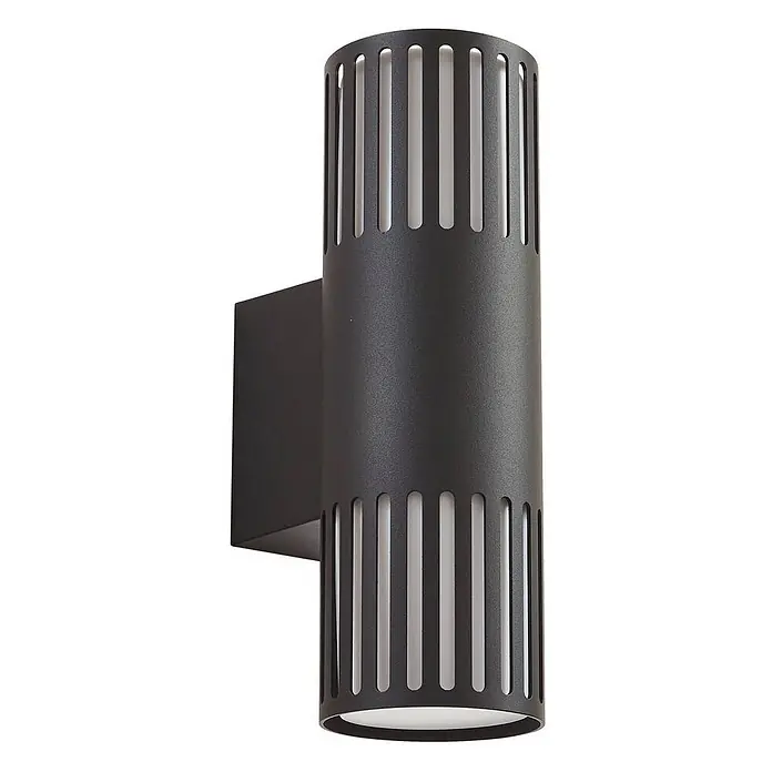 Lindby Außenwandleuchte Lurinda - schwarz, schwarz, IP44 - Matte schwarze zylindrische Außenwandleuchte mit vertikalen Schlitzen, leuchtet nach oben und unten.