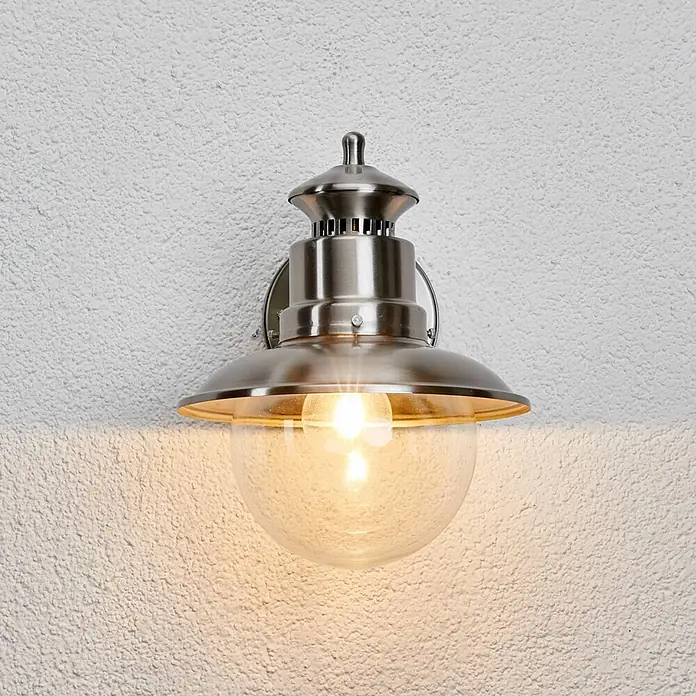 Lindby Außenwandleuchte Gwendolyn - alu / grau / zink, klar / transparent, IP44 - Gebürstete Metall-Außenwandleuchte mit klarer Blasen-Glaskugel, warm leuchtend.