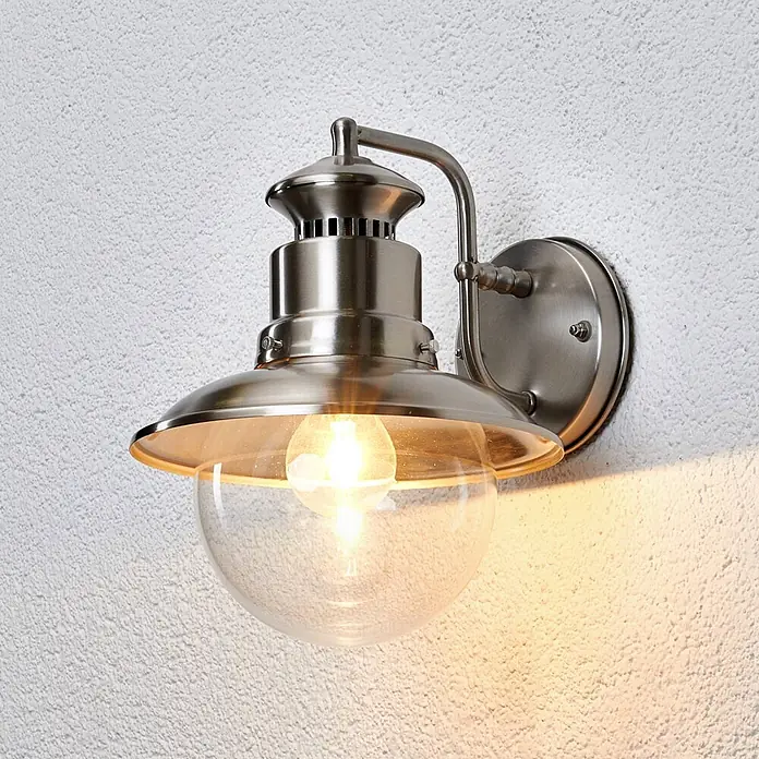 Lindby Außenwandleuchte Gwendolyn - alu / grau / zink, klar / transparent, IP44 - Wandleuchte aus gebürstetem Metall mit klarer Glaskugel, die warm leuchtet.