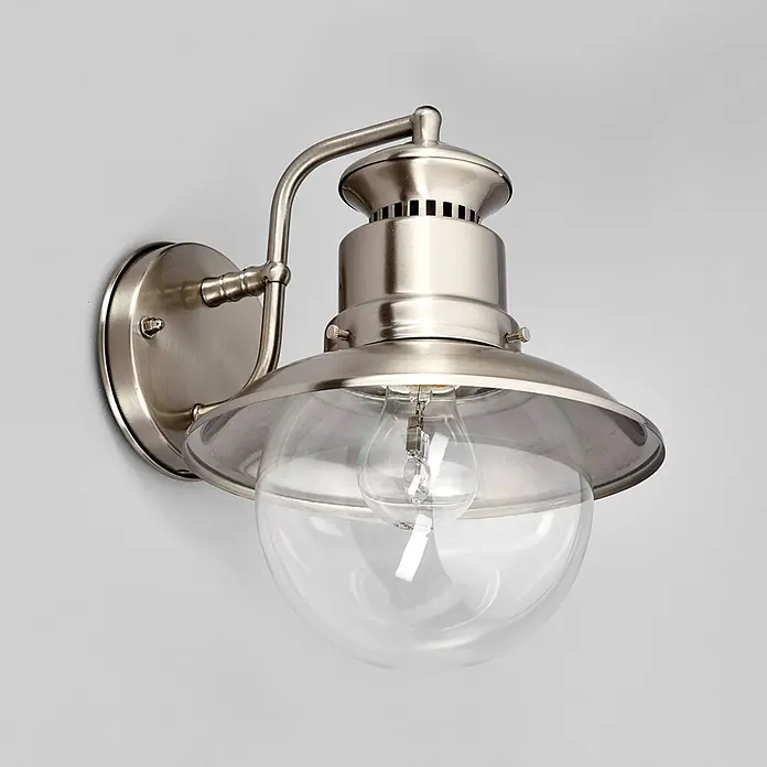 Lindby Außenwandleuchte Gwendolyn - alu / grau / zink, klar / transparent, IP44 - Gebürstete Nickel Wandleuchte mit klarer Glaskugel und Glühbirne.