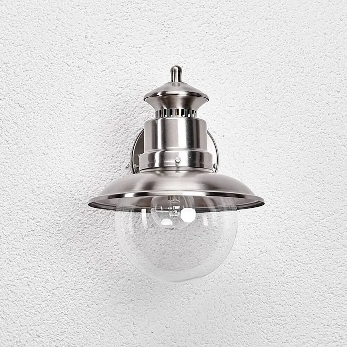 Lindby Außenwandleuchte Gwendolyn - alu / grau / zink, klar / transparent, IP44 - Gebürstete silberne Außenwandleuchte mit klarer Glaskugel und sichtbarer Glühbirne.
