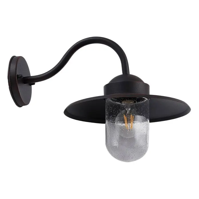 Lindby Außenwandleuchte Bilma - 39,5 x 27,5 x 29 cm, braun / rost, IP44 - Dunkelbronze-Außenwandleuchte mit Schwanenhalsarm, breitem Schirm und strukturiertem Glaszylinder um eine LED-Filamentbirne.