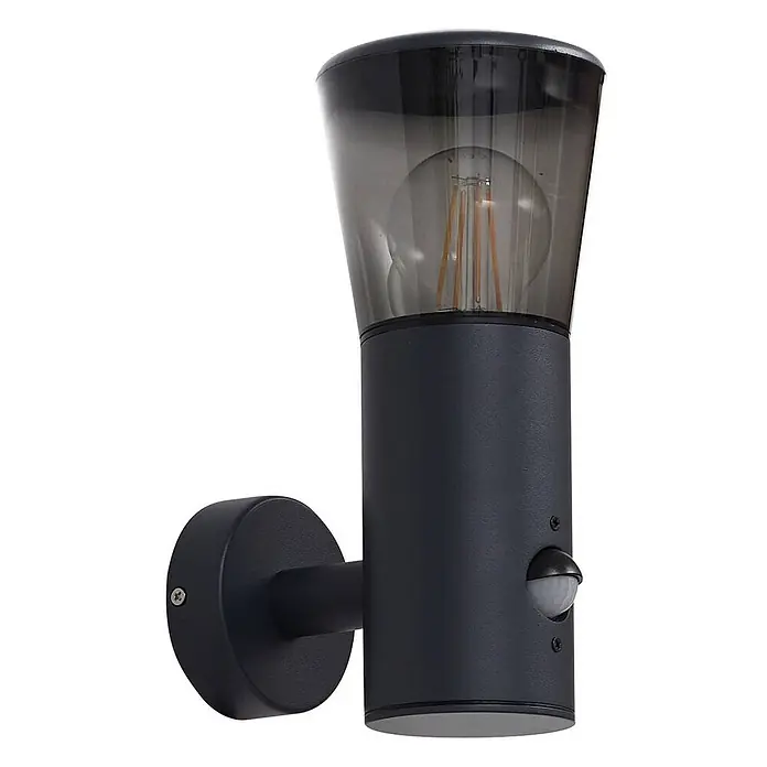 Lindby Außenwandleuchte Heulo - schwarz, schwarz, IP44 - Dunkelgraue Außenwandleuchte mit Bewegungsmelder und Rauchglas-Schirm.