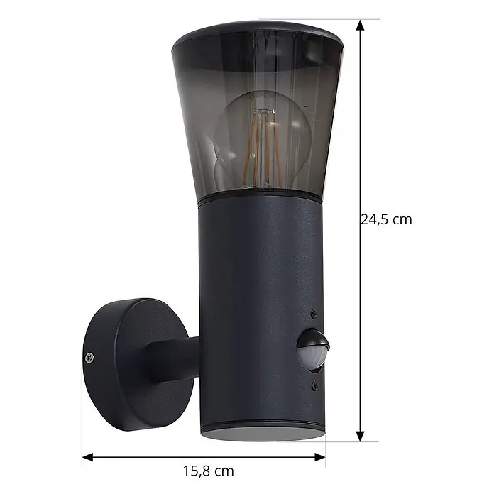 Lindby Außenwandleuchte Heulo - schwarz, schwarz, IP44 - Schwarze Außenwandleuchte mit Rauchglas und integriertem Bewegungssensor, mit freiliegender Filamentlampe.