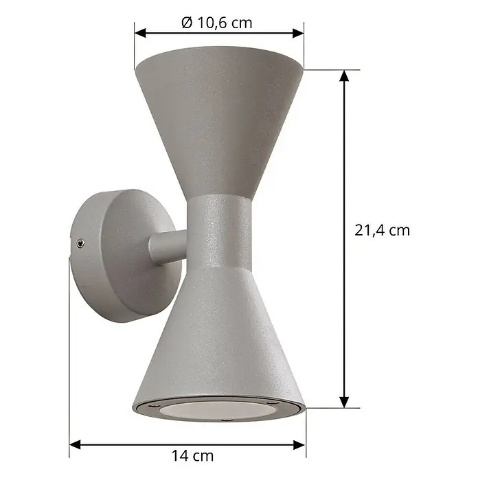 Lucande Außenwandleuchte Xalor - alu / grau / zink, IP65 - Hellgraue Wandleuchte im Sanduhr-Design mit zwei konischen Schirmen für Up- und Downlight, montiert auf einer runden Basis.