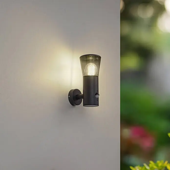 Lindby Außenwandleuchte Heulo - schwarz, schwarz, IP44 - Anthrazitfarbene Außenwandleuchte mit Rauchglas, sichtbarer LED-Birne und integriertem Bewegungsmelder.