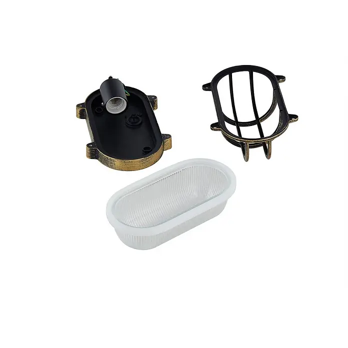 Lindby Außenwandleuchte Daaje - bronze / altmessing, IP44 - Zerlegte ovale Schiffslampe aus bronzefarbenem Metall mit geriffeltem Glas und Schutzgitter.
