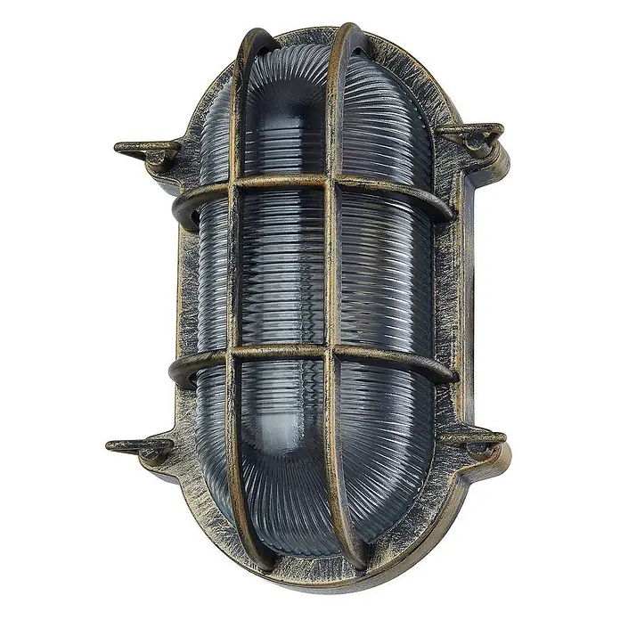 Lindby Außenwandleuchte Daaje - bronze / altmessing, IP44 - Ovale Außenwandleuchte aus antikem Messing mit geripptem Glasdiffusor und Schutzgitter.