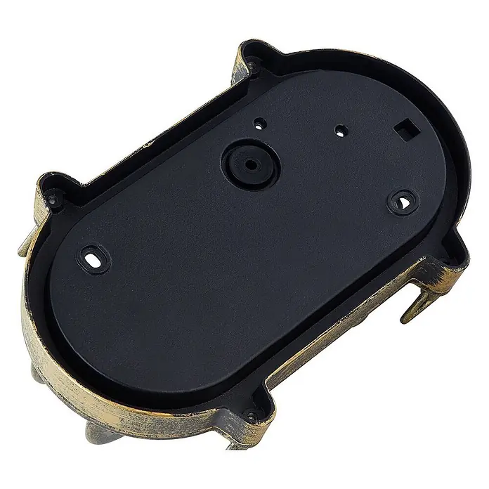Lindby Außenwandleuchte Daaje - bronze / altmessing, IP44 - Schwarze ovale Leuchtenbasis mit goldfarbenem Used-Look-Rand und Befestigungslöchern.