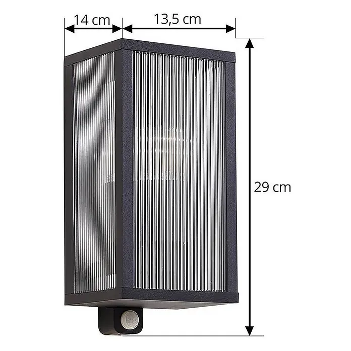 Lindby Außenwandleuchte Peldar - 13,5 x 14 x 29 cm, schwarz, IP44 - Dunkelgraue rechteckige Außenwandleuchte mit geriffeltem Klarglas und Bewegungsmelder. Maße: 14x13,5x29 cm.