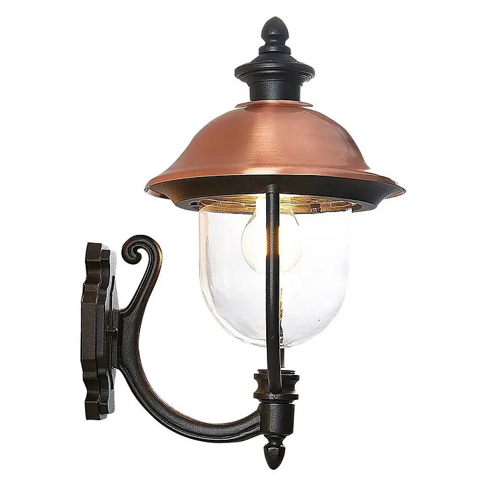 Lindby Außenwandleuchte Clint - 30 x 24,9 x 43,5 cm, kupfer, IP44 - Bronzene Außenwandlaterne mit Kupferhaube und Klarglas, sichtbare Glühbirne.