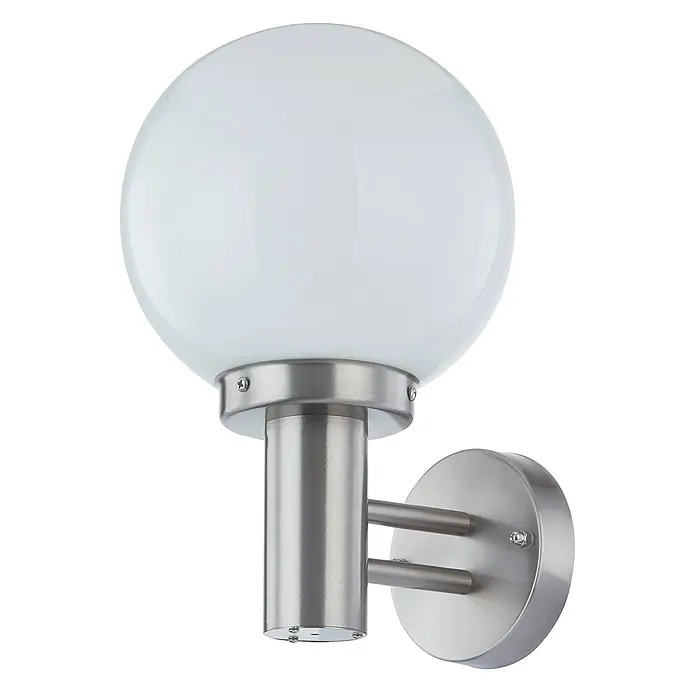 Lindby Außenwandleuchte Nada - alu / grau / zink, IP44 - Wandleuchte für den Außenbereich mit runder, opaler Glaskugel und gebürstetem Edelstahlgehäuse.