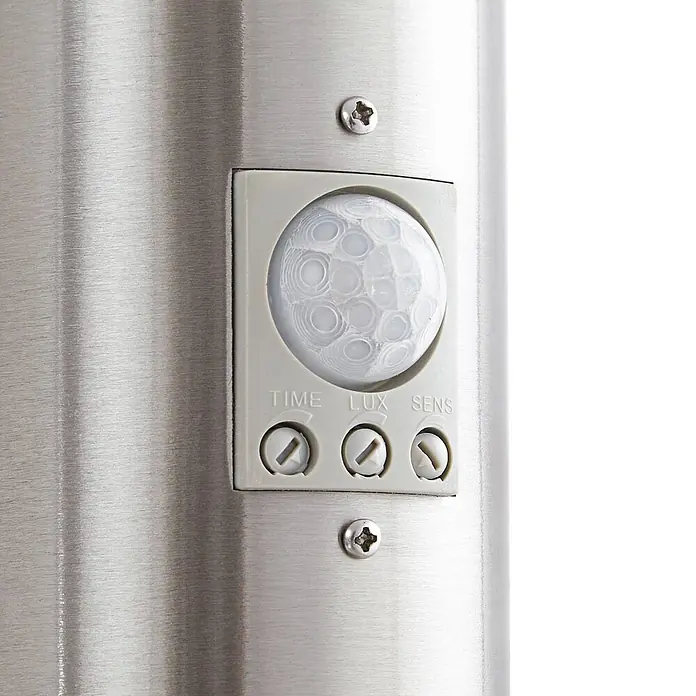 Lindby Außenwandleuchte Kristof - alu / grau / zink, alu / grau / zink, IP44 - Bewegungsmelder aus gebürstetem Edelstahl mit kugelförmigem PIR-Sensor und einstellbaren TIME-, LUX-, SENS-Reglern.