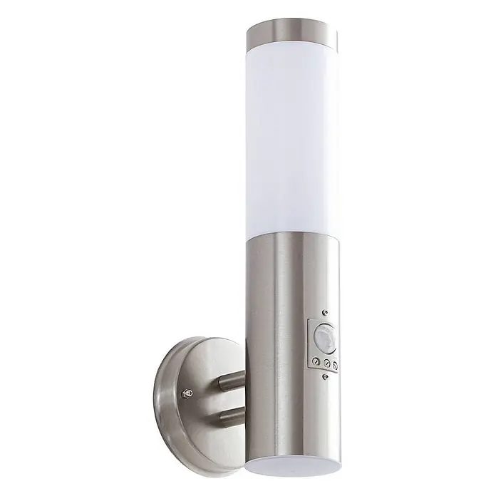 Lindby Außenwandleuchte Kristof - alu / grau / zink, alu / grau / zink, IP44 - Wandleuchte aus gebürstetem Metall mit weißem zylindrischem Diffusor und integriertem Bewegungsmelder.